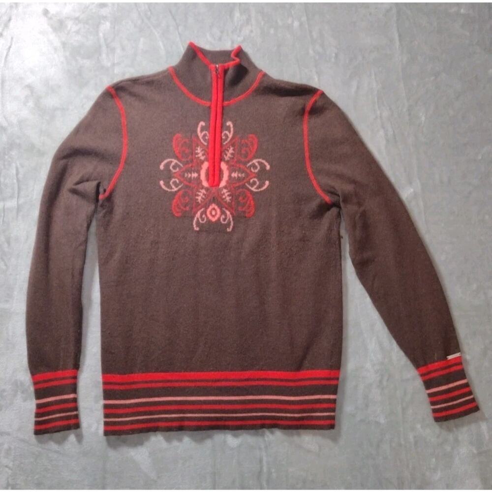Cabelas Sweater Womens M Red/Brown Wool Blend Knit 1/4 Zip Pullover Nordic Gorp